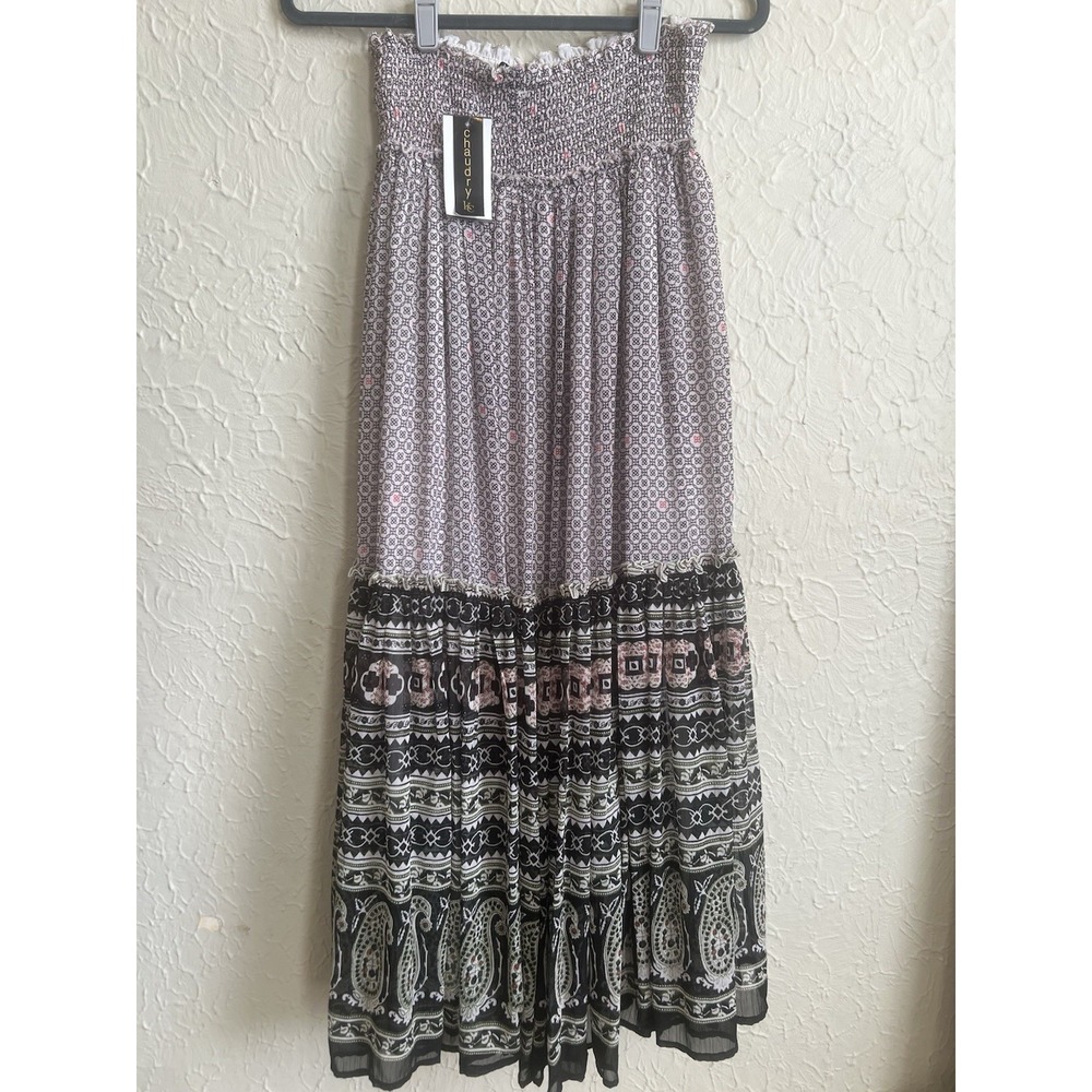 NWT Chaudry KC Maxi Skirt Women's Black White Gypsy Boho Stretch Waist Small
